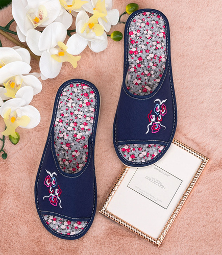 Kapcie damskie Natural Style NS-602 Granatowe Kwiatuszki